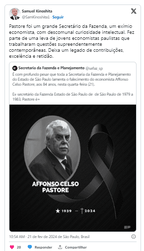 Economistas, políticos e empresários lamentam morte de Pastore: 'Perda enorme para o País'